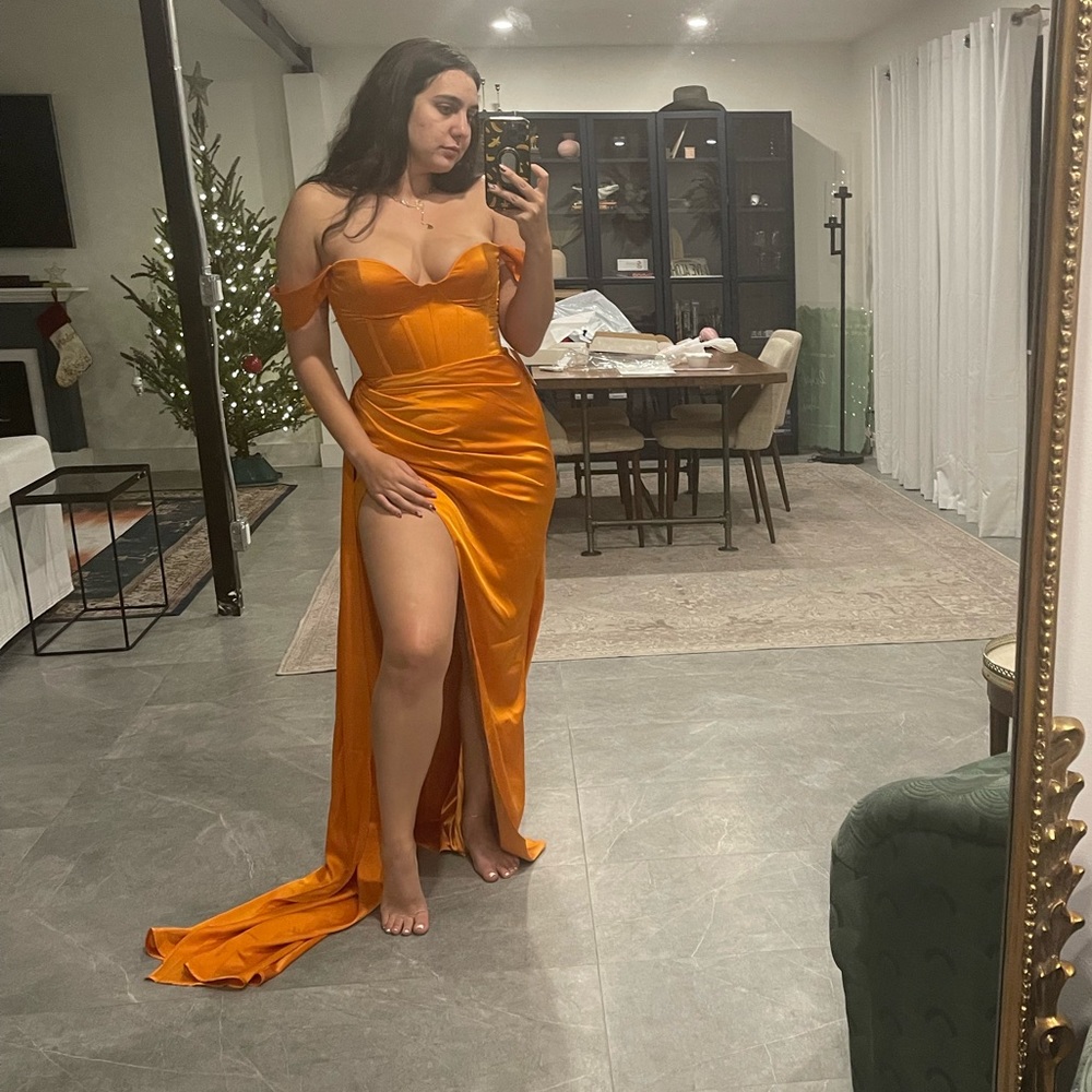 Miss Curcle Zayda Orange High Slit Corset Satin Gown New